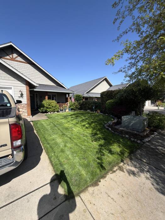 Freshly mowed front lawn with clean mowing lines and a rock-bordered planting bed at a craftsman-style home in Grants Pass, Oregon.